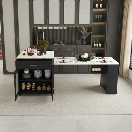 80" Kitchen Islands with Extendable Dining Table, Mobile  Kitchen Storage Cart with Cabinet & 2 Drawers, Kitchen Island on Wheels with Power Outlet, Black