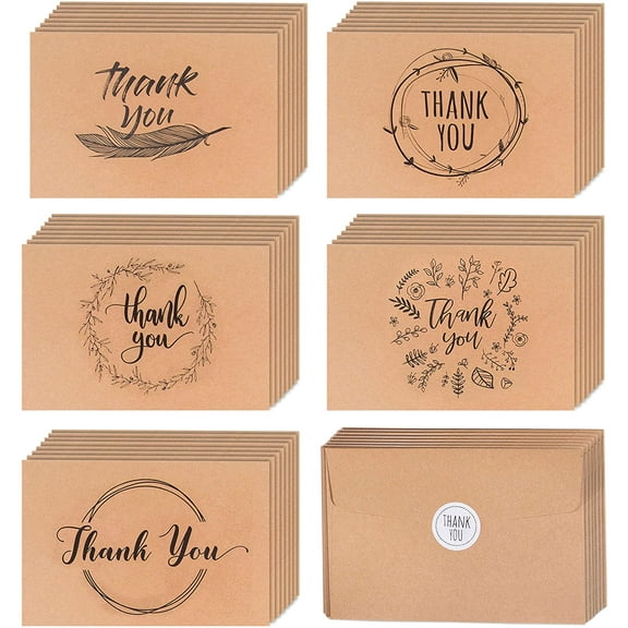 80 Kraft Rustic Envelopes, Stickers Thank You Notes Cards Bulk Set 4x6 inch