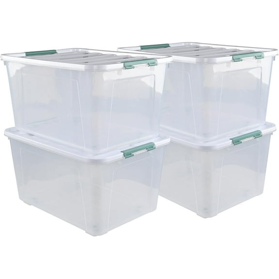80 L Large Clear View Plastic Storage Bin with Lid and Secure Latching Buckles, 4-Pack Wheeled Clear Storage Boxes
