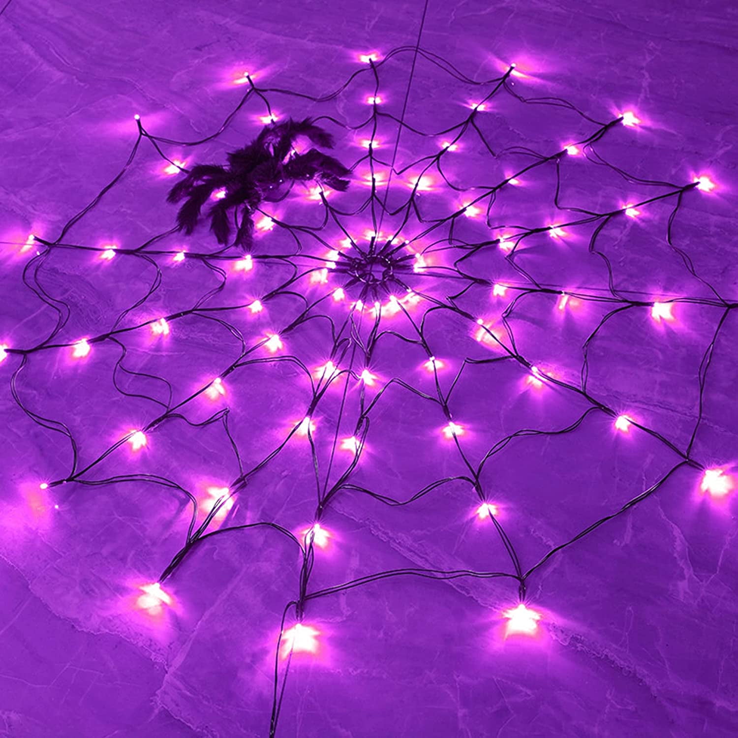 80 LED Purple Spider Web Lights with Fake Spider for Outdoor Halloween ...