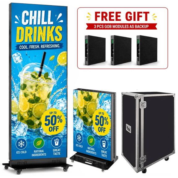 80" LED Screen Display, P1.86 LED Poster, GOB Digital Signage, Spliceable Foldable Advertising Display USB Plug&Play, APP Remote Control for Events/Rentals/Weddings, WiFi/USB/HDMI, Flight Case