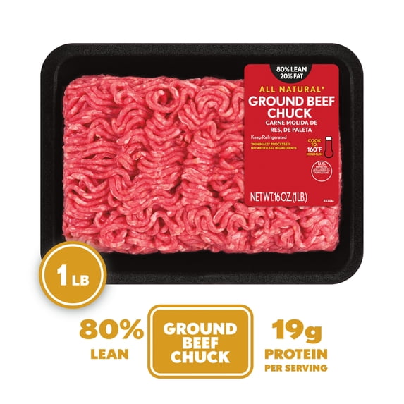 All Natural* 80% Lean/20% Fat Ground Beef Chuck, 1 lb Tray