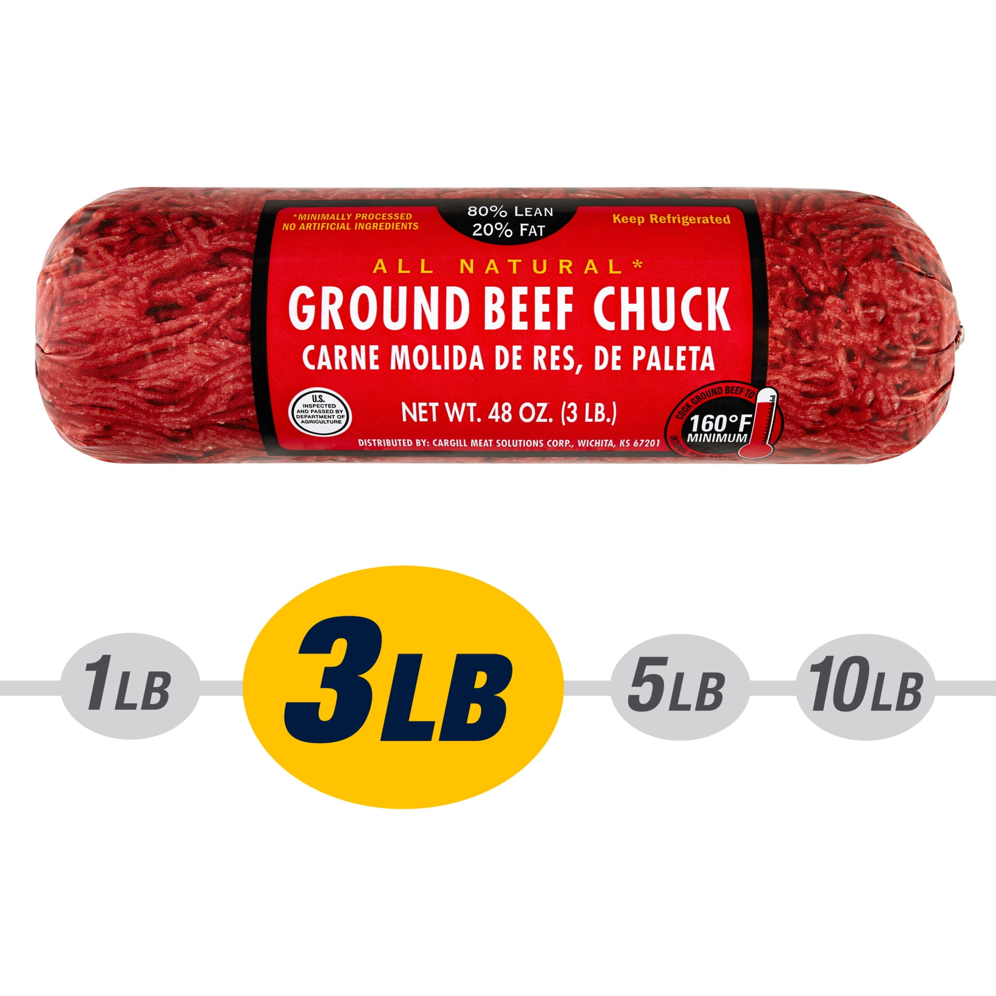 80% Lean / 20% Fat Ground Beef Chuck, 3 lb Roll, Fresh, All Natural*