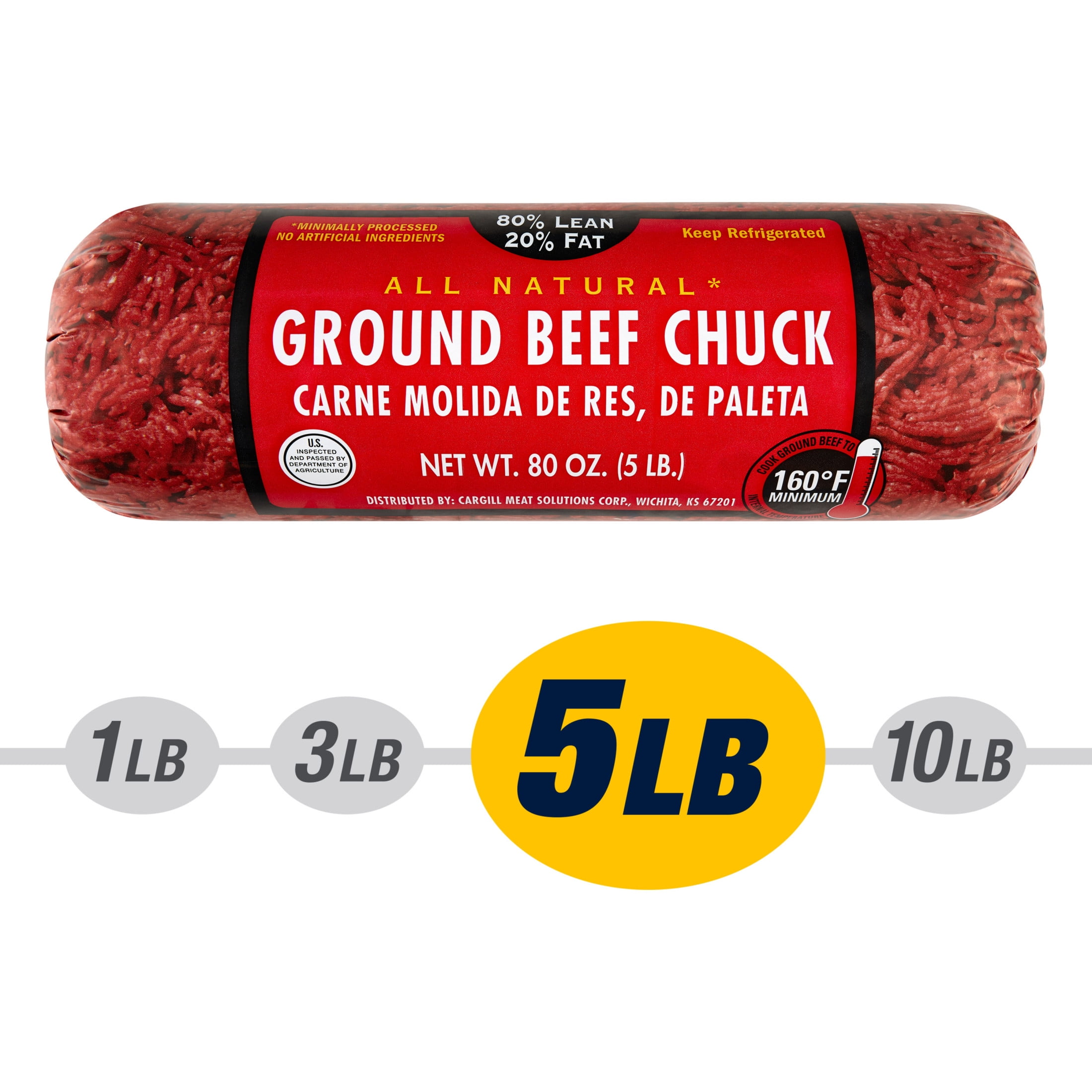 FRESH GROUND BEEF 80% Lean / 20% Fat Ground Beef Chuck, 5 lb Roll, Fresh, All Natural*