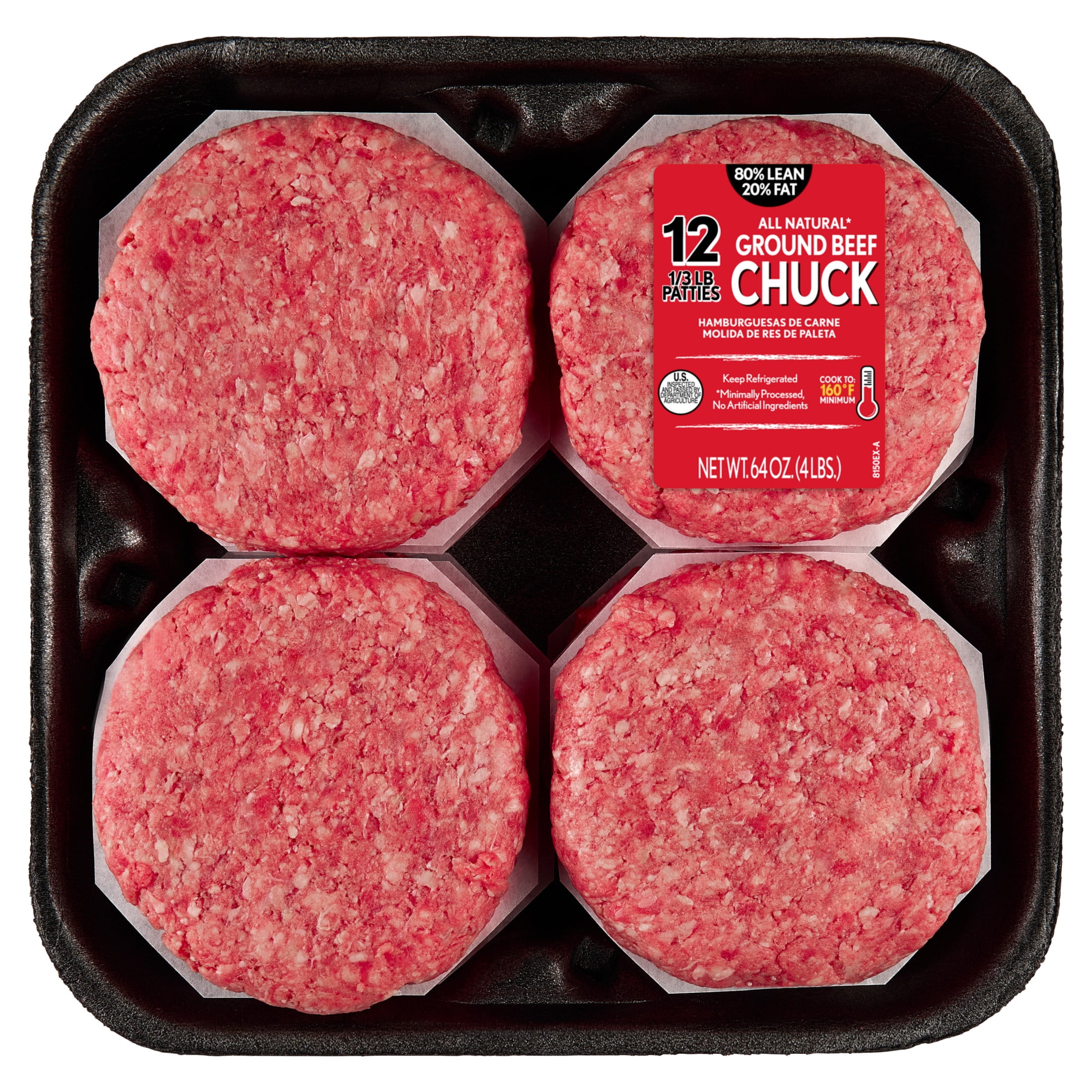 80% Lean / 20% Fat Ground Beef Chuck Patties, 12 Count, 1/3 lb patties, 4 lb Tray, Fresh, All Natural*