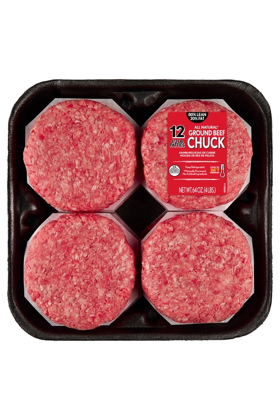 80% Lean / 20% Fat Ground Beef Chuck Patties, 12 Count, 1/3 lb patties, 4 lb Tray, Fresh, All Natural*