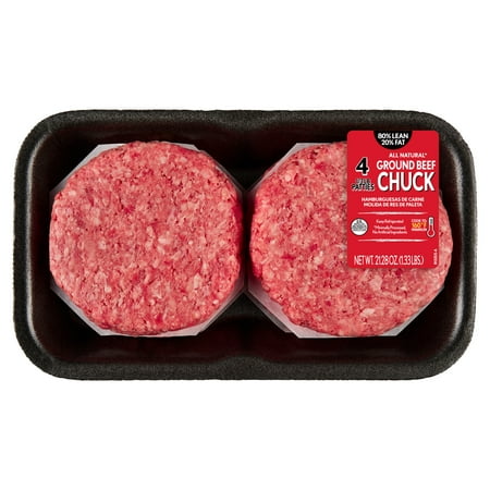 80% Lean / 20% Fat Ground Beef Chuck Patties, 4 Count, 1/3 lb patties, 1.33 lb Tray, Fresh, All Natural*