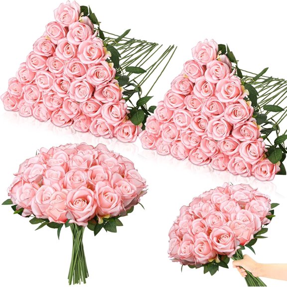 80 Light Pink Artificial Roses with Long Stems for Wedding Bouquets and Home Decor