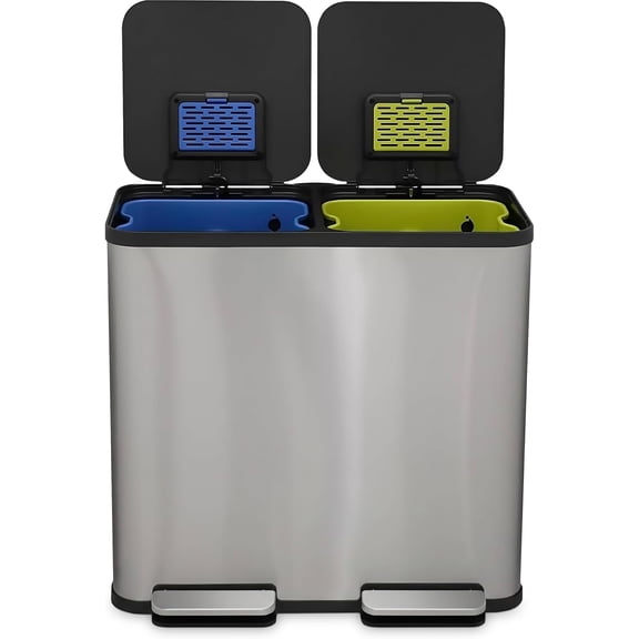 80 Liter / 21 Gallon Rectangular Hands-Free Dual Compartment Recycling Kitchen Step Trash Can with Soft-Close Single Lid, Stainless Steel (40L x 40 L Capacity) Stainless Steel Finish
