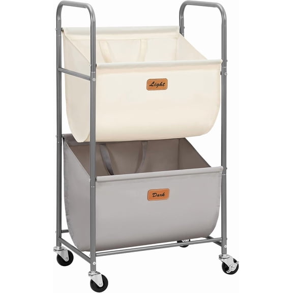 80 Liters Vertical Rolling Laundry Hamper, 2 Section Laundry Sorter with Wheels and 2 Breaks, 2-tier Laundry Baskets for Small Space, Dorm, Laundry Room, Closet, Multicolored 2-tier