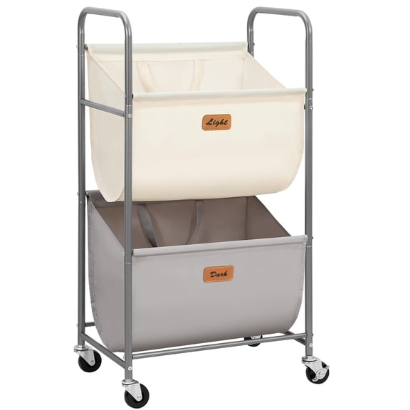 80 Liters Vertical Rolling Laundry Hamper, 2 Section Laundry Sorter with Wheels and 2 Breaks, 2-tier Laundry Baskets for Small Space, Dorm, Laundry Room, Closet, Multicolored 2-tier