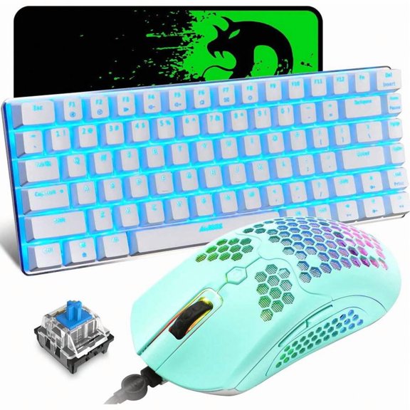 80% Mechanical Gaming Keyboard And Mouse Mousepad,3 In 1 Gaming Set,Rainbow LED Backlit,RGB 12000 DPI Lightweight Gaming Mouse With Honeycomb Shell,Large Mouse Pad For PC Gamer
