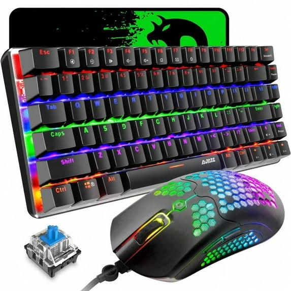 80% Mechanical Gaming Keyboard And Mouse Mousepad,3 In 1 Gaming Set,Rainbow LED Backlit,RGB 12000 DPI Lightweight Gaming Mouse With Honeycomb Shell,Large Mouse Pad For PC Gamer