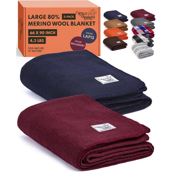 80% Merino Wool Camp Blankets 2-Pack Temperature-Regulating Fire-Resistant Large 66 x 90 Inches Lapis and Mulberry