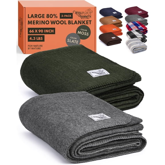 80% Merino Wool Camp Blankets 2-Pack Temperature-Regulating Fire-Resistant Large 66 x 90 Inches Slate and Moss