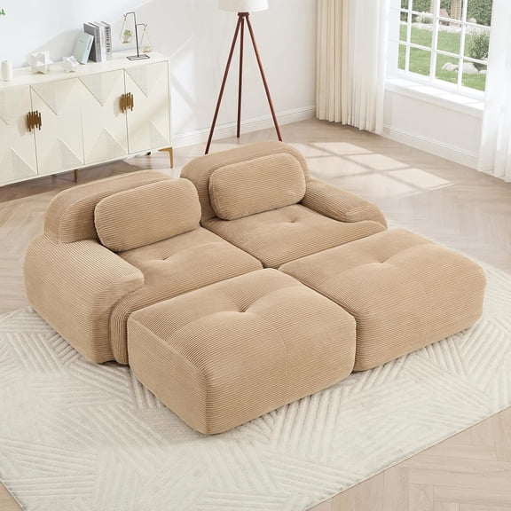 80" Modern Compressed Boneless Love Seat Couches with 2 Ottomans, 2 Seater Large Sectional Couches for Living Room, Camel Corduroy Cloud Modular Sectional Sofa, Memory Foam, Deep Loveseat