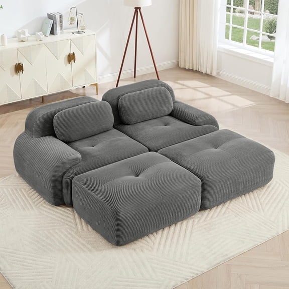 80" Modern Compressed Boneless Love Seat Couches with 2 Ottomans, 2 Seater Large Sectional Couches for Living Room, Gray Corduroy Cloud Modular Sectional Sofa, Memory Foam, Deep Loveseat