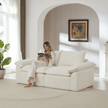80" Modular Sectional Sofa, Fabric Sectional Sofa Couch, Upholstered Cloud Sectional Sofa with Corduroy High-Density Sponge Cloud Shape Free Combination for Living Rooms Apartments Offices, White
