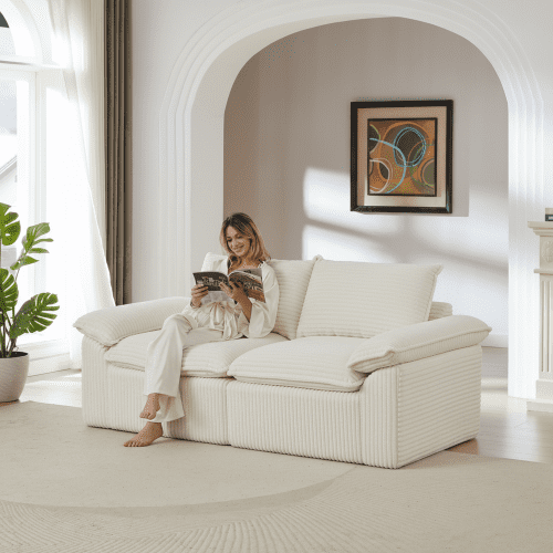 80" Modular Sectional Sofa, Fabric Sectional Sofa Couch, Upholstered Cloud Sectional Sofa with Corduroy High-Density Sponge Cloud Shape Free Combination for Living Rooms Apartments Offices, White