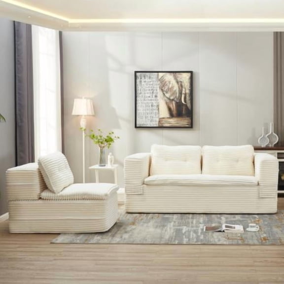 80" Multi-Functional Sectional Sofa Bed, Convertible Floor Sleeper Sofa with Independent Chaise Lounge and Dual-Purpose Blanket, Plush Corduroy Deep Seat Couch, Beige