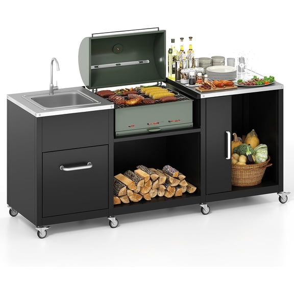 80 Outdoor Grill Table with Sink & Drainage, Heavy Duty Metal Grill Cart w/Cabinet & Removable Stainless Steel Top, Portable Prep Cooking Table w/Wheels for BBQ, Patio, Camping & Backyard