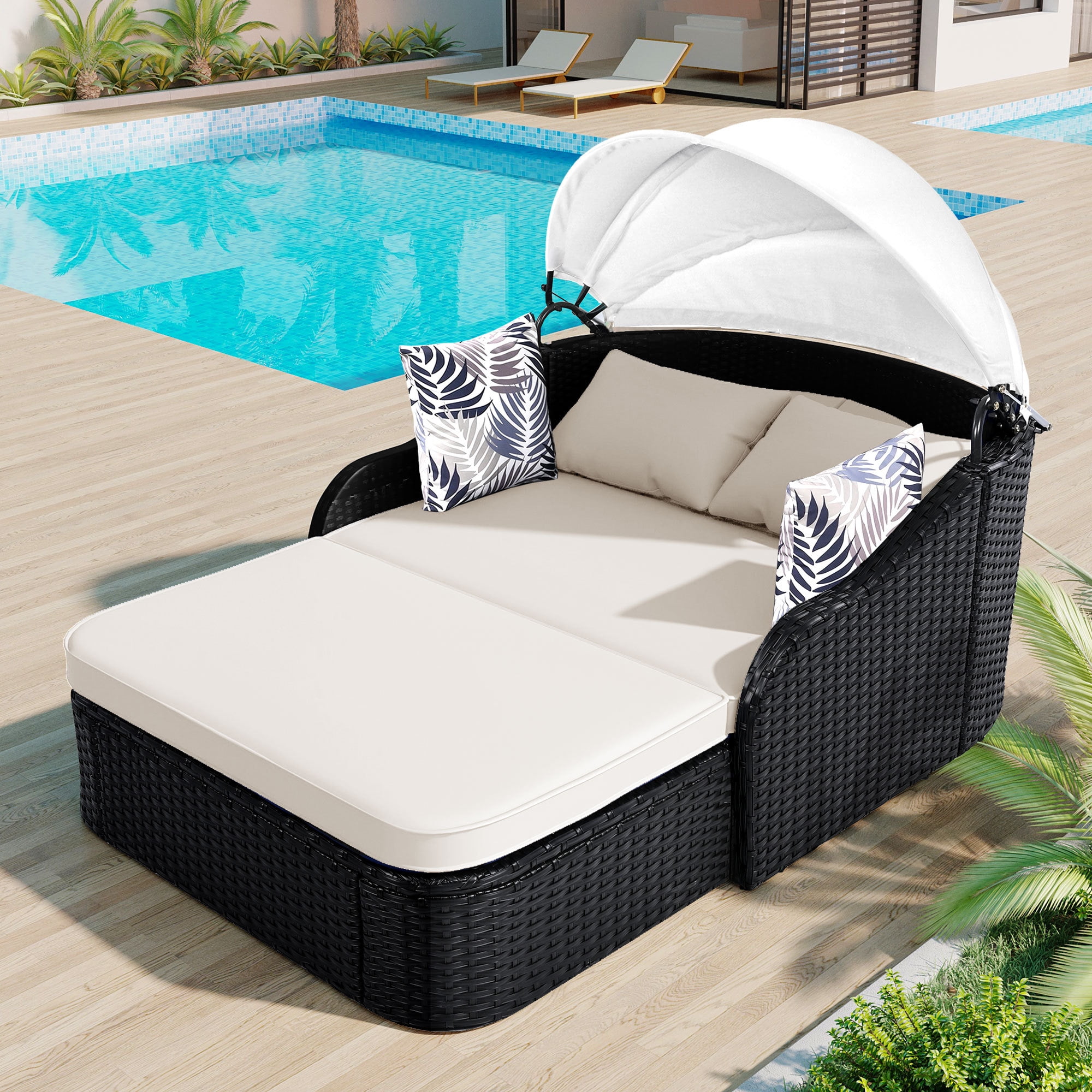 80" Outdoor Sunbed with Adjustable Canopy,Sectional Rattan Round Bed with Double lounge,Beige+Black