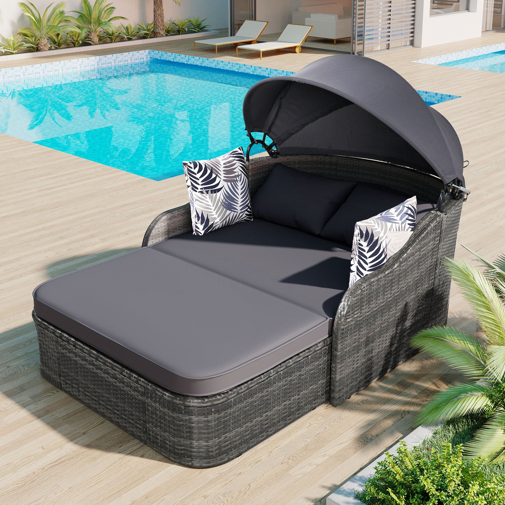80" Outdoor Sunbed with Adjustable Canopy,Sectional Rattan Round Bed with Double lounge,Gray