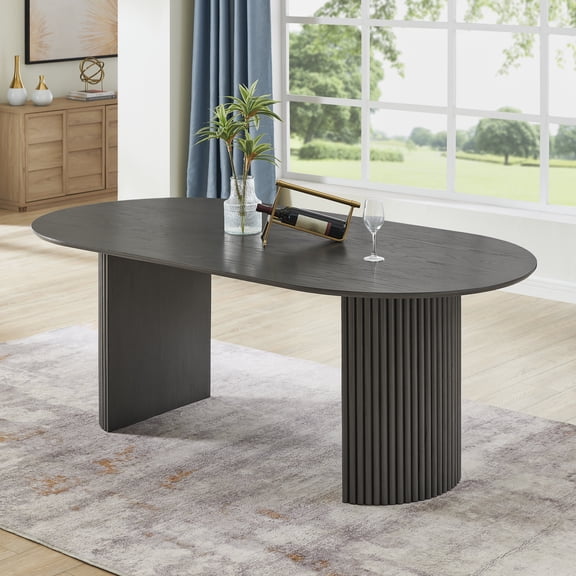 80" Oval Gray Oak Finish Dining Table with Dual Pedestal Base Seats 6