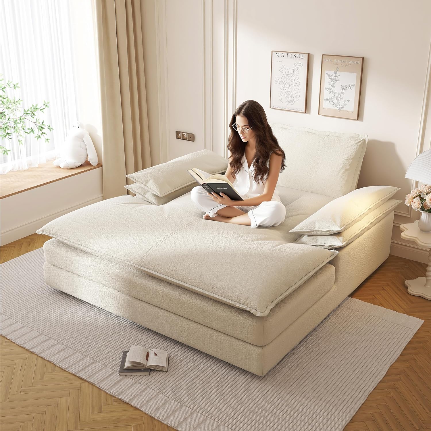 80'' Oversized Chaise Lounge Chair Indoor, Cloud Sofa Couch, Modern Deep Seat Recliner, Upholstered Chenille Sleeper Loveseat with Large Pillow Arms for Living Room, Apartment, Balcony, Beige