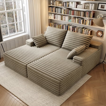 80" Oversized Double Chaise Lounge Chair, Plush Upholstered Sectional Sofa Bed, Deep Seat Sleeper Couch with Pillows, Modern Memory Foam Loveseat for Living Room ,Bedroom, No Assembly Required,Camel