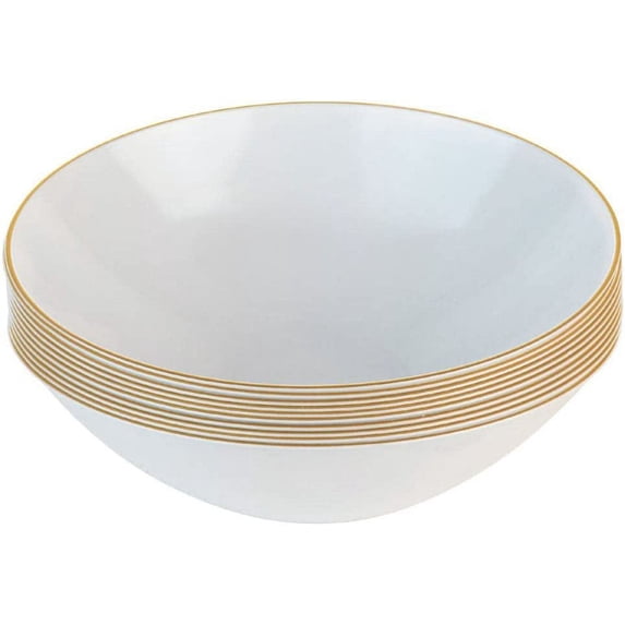 (80 PACK) EcoQuality 16 oz White Plastic Round Bowls with Gold Rim - Disposable Plastic Soup Bowls, Heavy Duty Plastic Salad Bowls, Dessert Bowl for Baby Showers, Weddings, Birthday Party