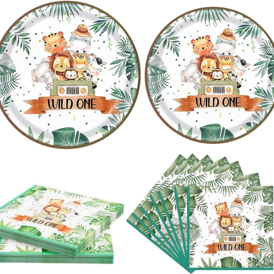 80Pcs Safari Jungle Baby Shower Party Supplies Green Wild Animals Paper Plates Napkins Baby Shower Party Decorations Safari Jungle Dinnerware Party Favor Wild One Tableware Serves 20