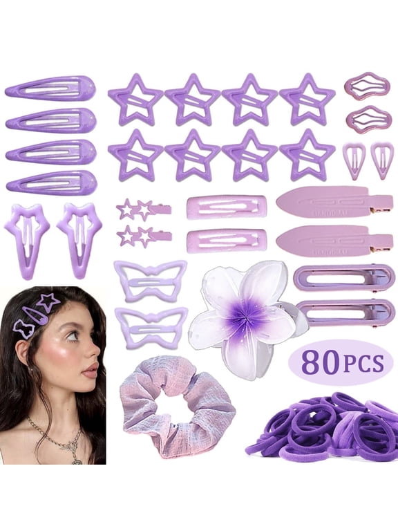 80 PCS Women’s Purple Hair Clips Set – Elegant Flower & Snap Hair Clips with Elastic Headbands