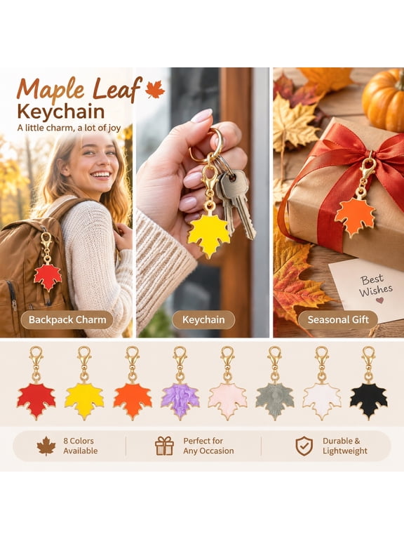 80 PCS Maple Leaf Keychains, 8 Colors Fall Autumn Charms with Metal Clips, Party Favors for Thanksgiving, Halloween & Gifts