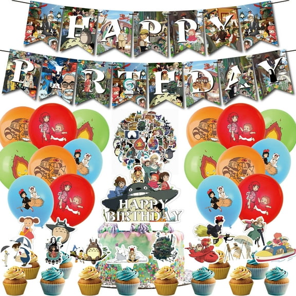 80 PCS For Studio Ghibli Cartoon Themed Anime Birthday Party Supplies Totoro, Includes Banner, Spirited Away, 13 Cupcake Toppers, 50 Stickers and 16 Balloons for Festive Celebrations Party Decoration