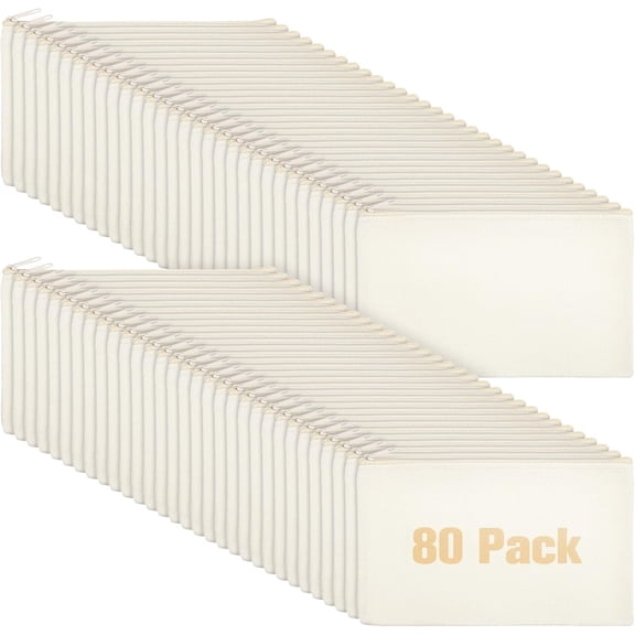 80 Pack Canvas Zipper Makeup Bags Bulk Pencil Pouches Blank DIY Craft Canvas Cosmetic Bag Pouch with Zipper for Makeup Cosmetic Toiletry Stationary Storage(All Natural)