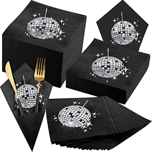 80 Pack Christmas Disco Happy New Year Party Cocktail Napkins 70s 80s 90s Gathering Supplies Disposable Disco Ball Paper Napkins Cocktail Stylish for Christmas Party Favors(Black)