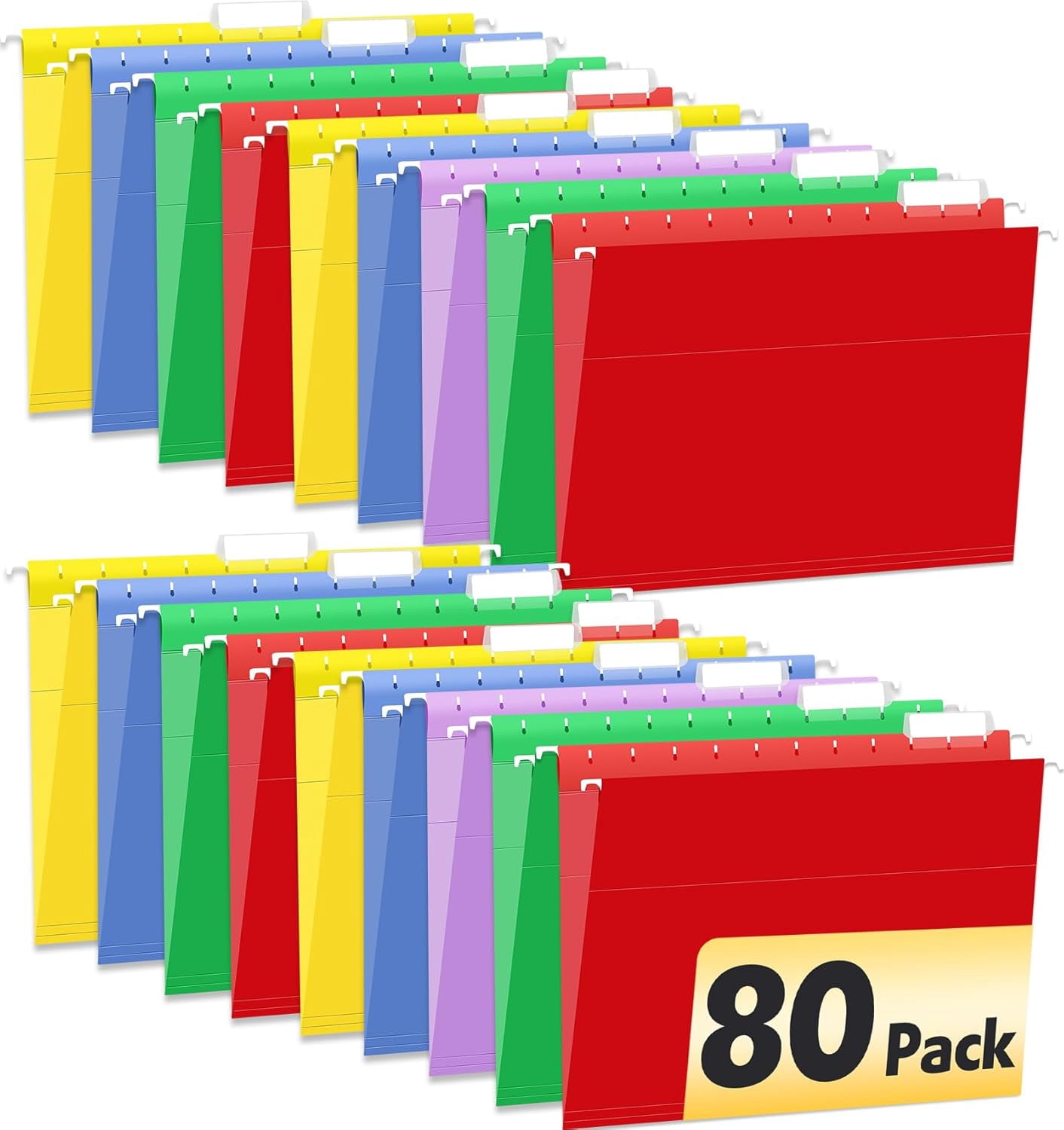 80 Pack Hanging File Folders, Colored Hanging File Folders Letter Size with 1/5 Cut Adjustable Tabs, File Cabinet Folders for Office, School, Home