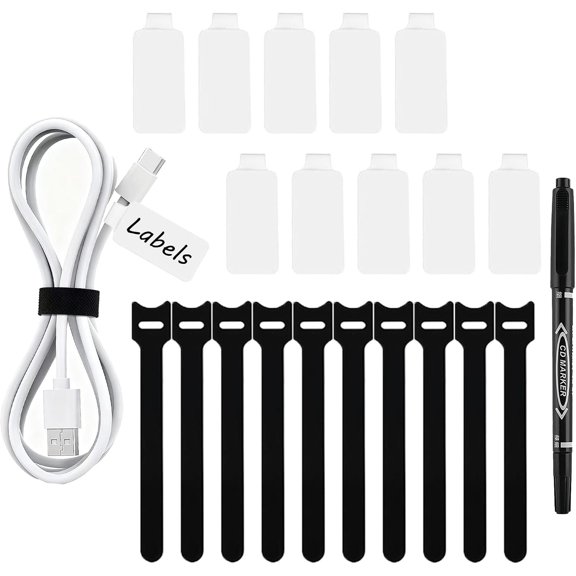 80-Pack Labels & Cord Ties Kit - Write- Wire Labels, Snap Ties + -Tip Marker for Office Electronics Organization | Tags, Cord Labels & Wire Markers Included