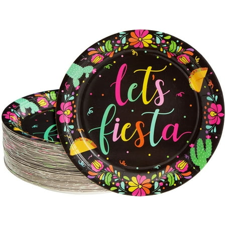 80 Pack Let's Fiesta Paper Plates for Cinco de Mayo Party Decorations, Black (9 In)