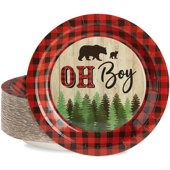 80 Pack Oh Boy Baby Shower Plates for Lumberjack Baby Shower Decorations, Buffalo Plaid Party Supplies (9 In)