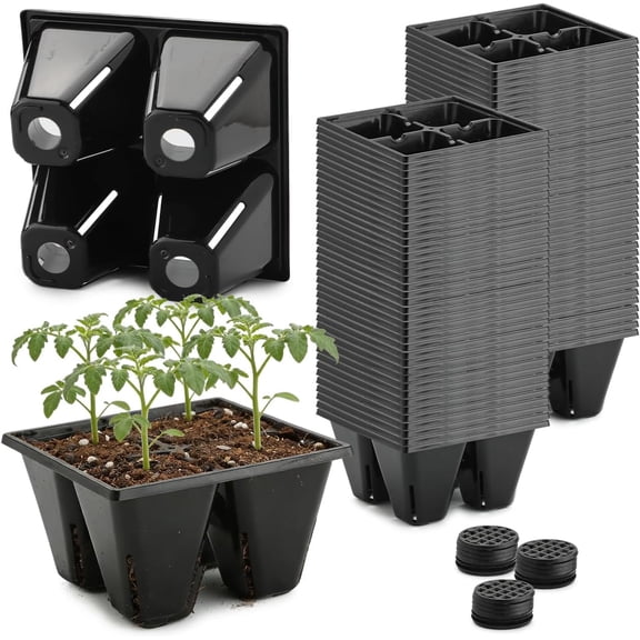 80 Pack Reusable 4-Cell Seed Starter Tray for Seedlings, Easy Watering Seed Starting Trays with Drainage Holes for Seed Germination and Plant Start, Fits Standard 1020 Trays, Black