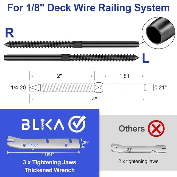 80 Pack T316 Stainless Steel Black Right&Left Handed Thread Swage Lag Screws for Wood Posts of 1/8" Deck Cable Railing Kit, Wire Railing Kit for Decks with Wrench,  Wood Baluster