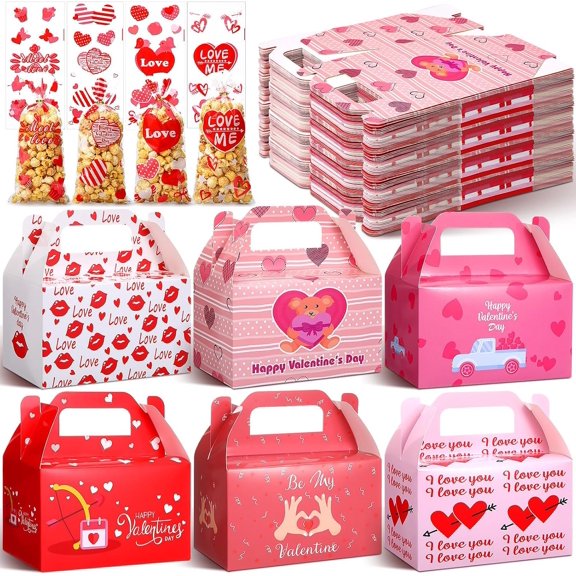 80 Pack Valentine's Day Box with Cellophane Bags Heart Goodie Cookie Candy Boxes for Valentine Bag for Party(Chic)