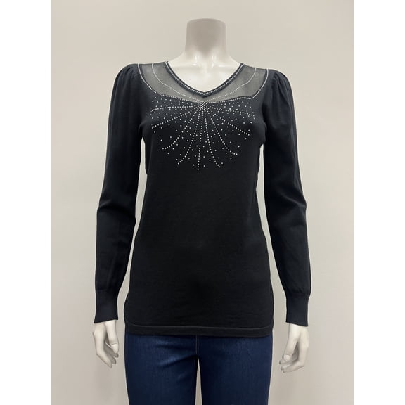 80 Park pull over long sleeve V neck Sweater , Black , M