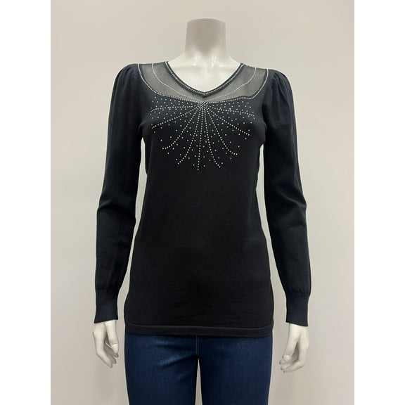 80 Park pull over long sleeve V neck Sweater , Black , S