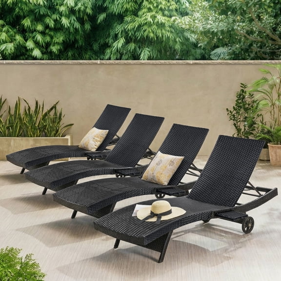 80" Patio Wicker Chaise Lounge Chairs Set of 2 - Outdoor Rattan Reclining Lounge Chair with Rolling Wheels, Pull-out Side Table, Adjustable Backrest, Ergonomic Wave Design for Poolside, Black