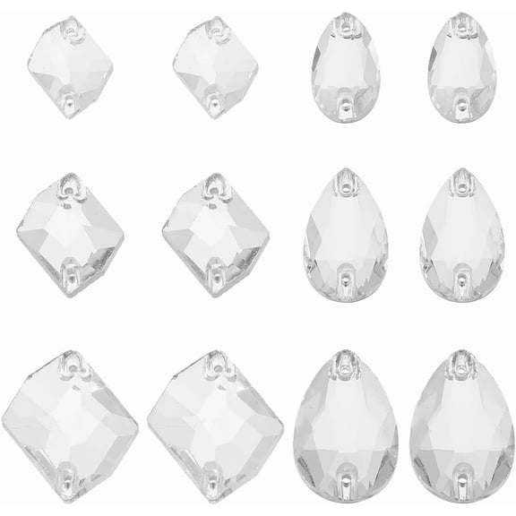 80 Pcs 2 Styles Sew on Rhinestones Faceted Glass Teardrop Rhinestones with 2 Holes Twist Leaf Shape Rhinestones Transparent Flat Back Rhinestones for Jewelry Making Crafting Multi-color