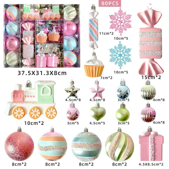 80 Pcs 3.15" Pastel Christmas Ball Ornaments Set, Macaron Pink Candy Land Christmas Tree Decorations with Gift Box, Shatterproof Hand-Painted Ornaments for Home Wreath Garland, Holiday Decor