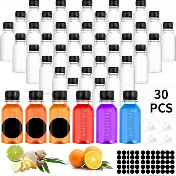 80 Pcs 3.5 oz Small Plastic for Liquids Juice Shot Bottles with Caps Reusable Ginger Shot Bottle with Lids Leak Proof Mini Bottles with Scale for Juice Milk Liquor Whiskey Liquid and Other Beverages